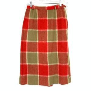 Vintage Wool Skirt Womens XXS Plaid High Waist Red Tan Lined Winter Holiday Fall